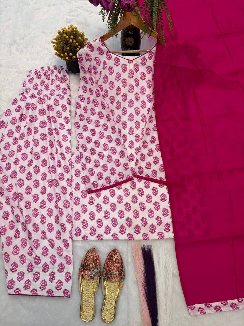 Pink heavy pure cameric cotton party wear embroidery suit set