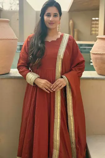 Brown heavy nc vichitra party wear embroidery anarkali suit set