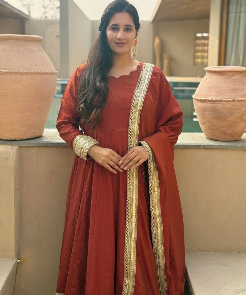 Brown heavy nc vichitra party wear embroidery anarkali suit set