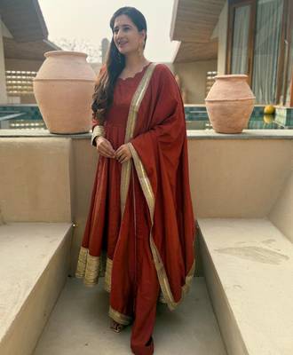 Brown heavy nc vichitra party wear embroidery anarkali suit set 3