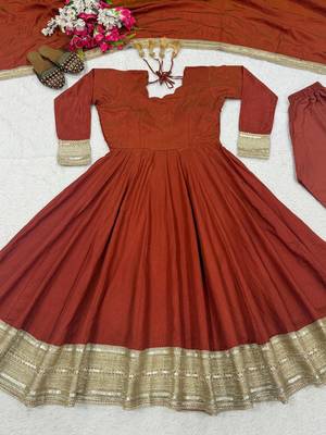 Brown heavy nc vichitra party wear embroidery anarkali suit set 4