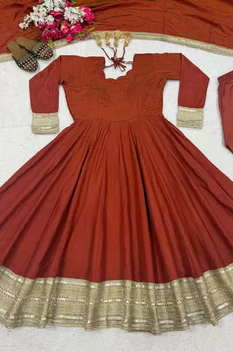 Brown heavy nc vichitra party wear embroidery anarkali suit set