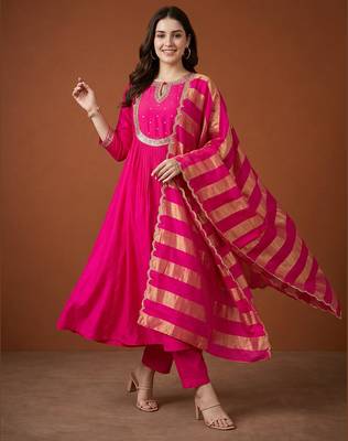 Women's Gorgeous Embroidery Chanderi Fabric Flared Kurta Pant and Dupatta Set 1