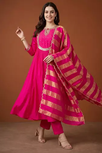 Women's Gorgeous Embroidery Chanderi Fabric Flared Kurta Pant and Dupatta Set