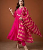 Women's Gorgeous Embroidery Chanderi Fabric Flared Kurta Pant and Dupatta Set