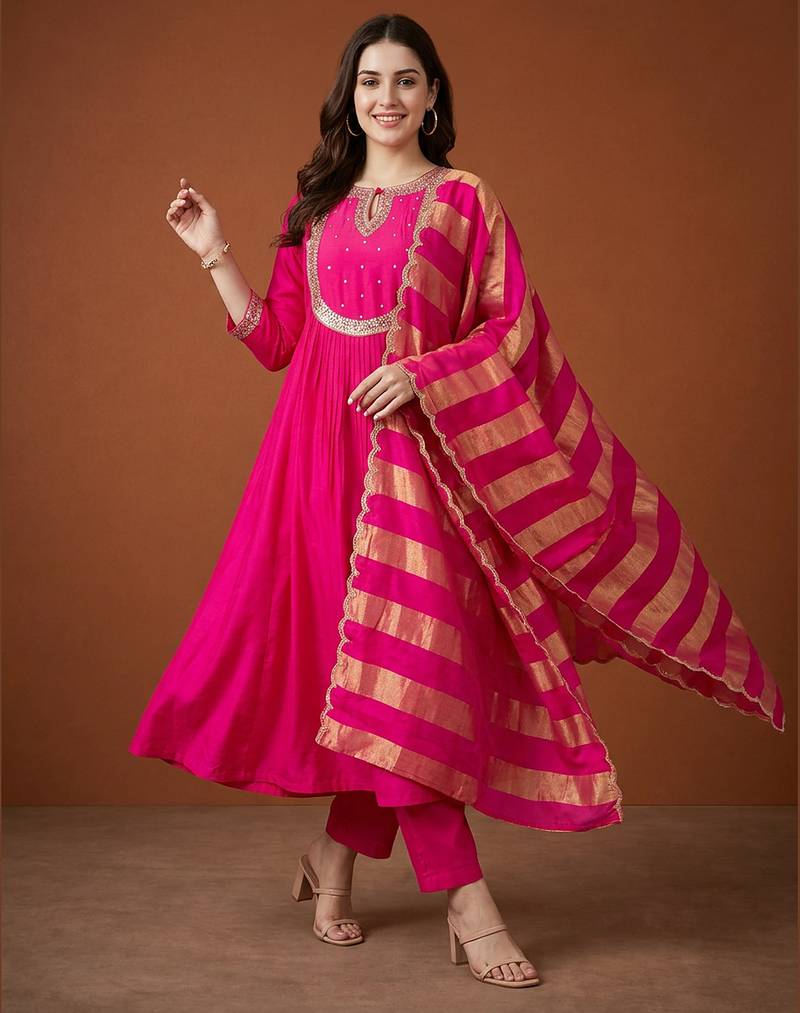 Women's Gorgeous Embroidery Chanderi Fabric Flared Kurta Pant and Dupatta Set