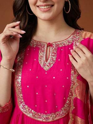 Women's Gorgeous Embroidery Chanderi Fabric Flared Kurta Pant and Dupatta Set 2