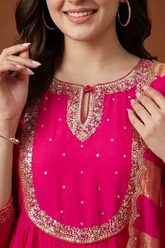 Women's Gorgeous Embroidery Chanderi Fabric Flared Kurta Pant and Dupatta Set