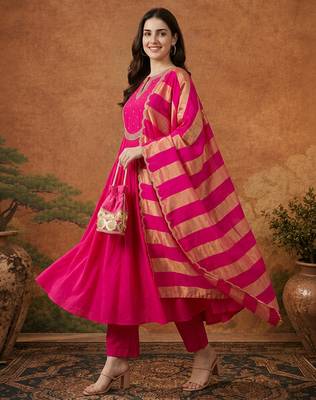 Women's Gorgeous Embroidery Chanderi Fabric Flared Kurta Pant and Dupatta Set 3