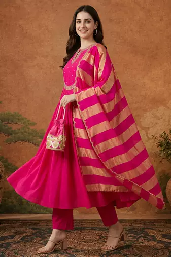 Women's Gorgeous Embroidery Chanderi Fabric Flared Kurta Pant and Dupatta Set