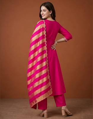 Women's Gorgeous Embroidery Chanderi Fabric Flared Kurta Pant and Dupatta Set 4