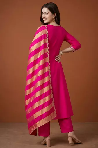 Women's Gorgeous Embroidery Chanderi Fabric Flared Kurta Pant and Dupatta Set