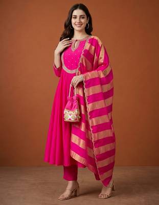 Women's Gorgeous Embroidery Chanderi Fabric Flared Kurta Pant and Dupatta Set 5