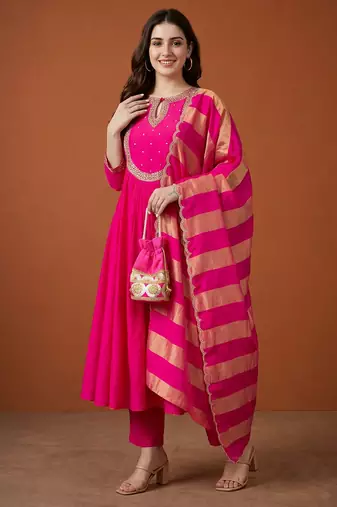 Women's Gorgeous Embroidery Chanderi Fabric Flared Kurta Pant and Dupatta Set