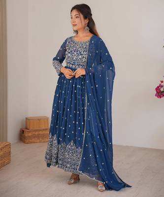 Navy blue georgette anarkali suit set with dupatta 1