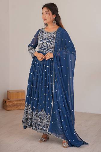 Navy blue georgette anarkali suit set with dupatta