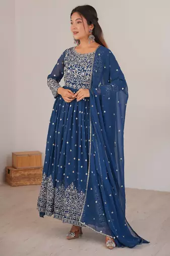 Navy blue georgette anarkali suit set with dupatta