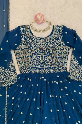 Navy blue georgette anarkali suit set with dupatta