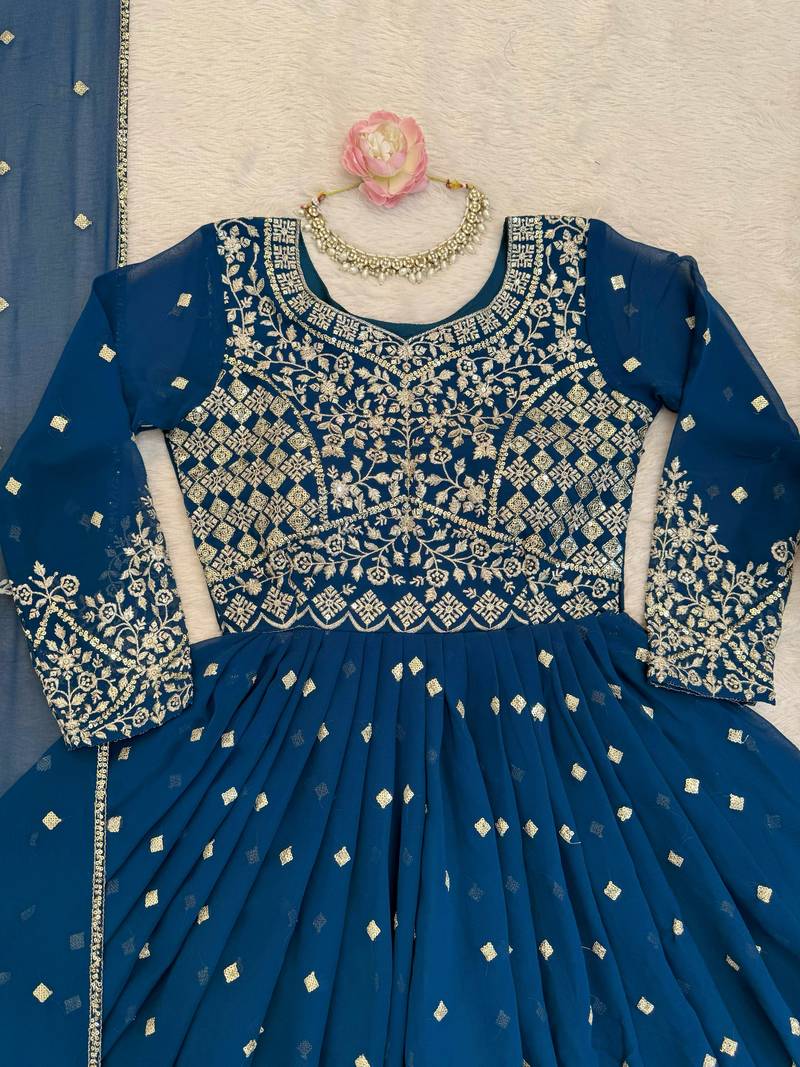 Navy blue georgette anarkali suit set with dupatta
