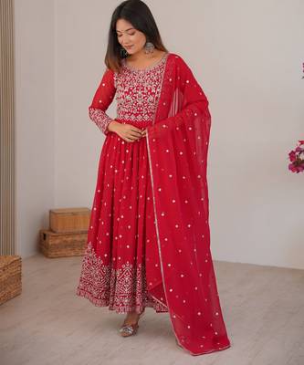 Red georgette anarkali suit set with dupatta 1