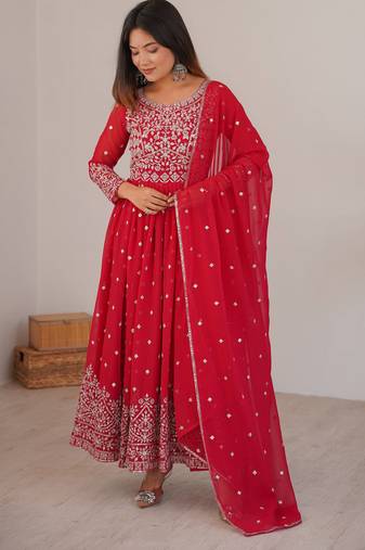 Red georgette anarkali suit set with dupatta