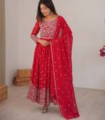 Red georgette anarkali suit set with dupatta