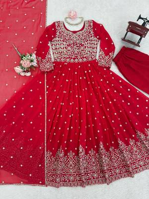 Red georgette anarkali suit set with dupatta 2