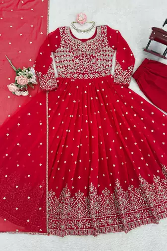 Red georgette anarkali suit set with dupatta