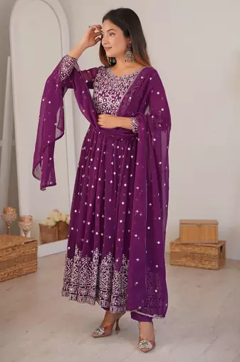 Purple georgette anarkali suit set with dupatta