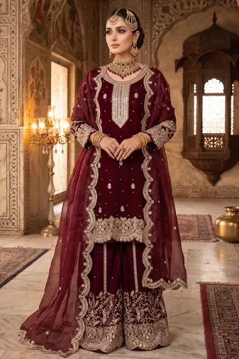 Wine fendy silk blend sequin embroidered suit set with dupatta