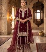 Wine fendy silk blend sequin embroidered suit set with dupatta