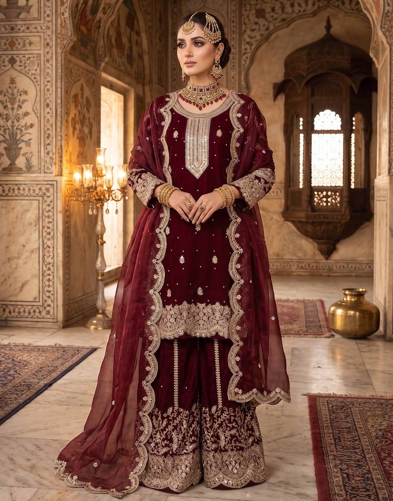 Wine fendy silk blend sequin embroidered suit set with dupatta