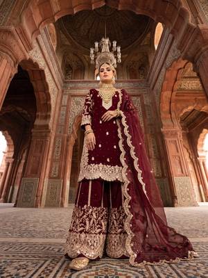 Wine fendy silk blend sequin embroidered suit set with dupatta 2