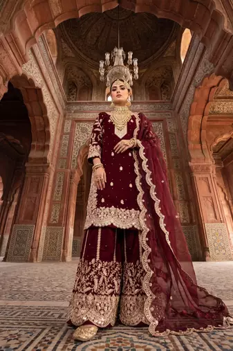 Wine fendy silk blend sequin embroidered suit set with dupatta