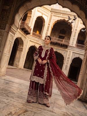 Wine fendy silk blend sequin embroidered suit set with dupatta 3
