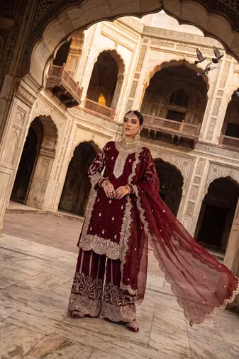 Wine fendy silk blend sequin embroidered suit set with dupatta
