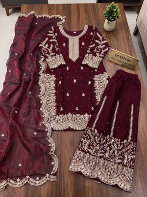 Wine fendy silk blend sequin embroidered suit set with dupatta 4