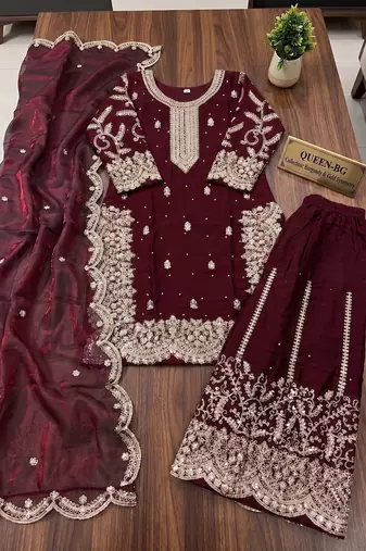Wine fendy silk blend sequin embroidered suit set with dupatta