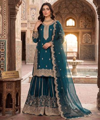 Teal blue fendy silk blend sequin embroidered suit set with dupatta 1