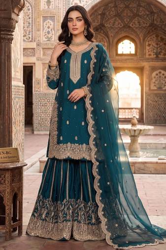 Teal blue fendy silk blend sequin embroidered suit set with dupatta