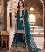 Teal blue fendy silk blend sequin embroidered suit set with dupatta