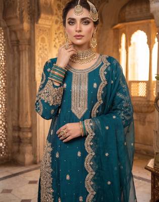 Teal blue fendy silk blend sequin embroidered suit set with dupatta 2