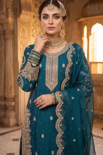 Teal blue fendy silk blend sequin embroidered suit set with dupatta