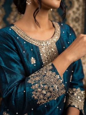 Teal blue fendy silk blend sequin embroidered suit set with dupatta 3