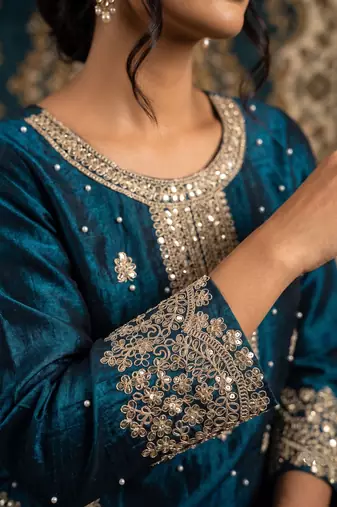 Teal blue fendy silk blend sequin embroidered suit set with dupatta