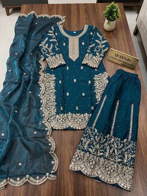 Teal blue fendy silk blend sequin embroidered suit set with dupatta 4