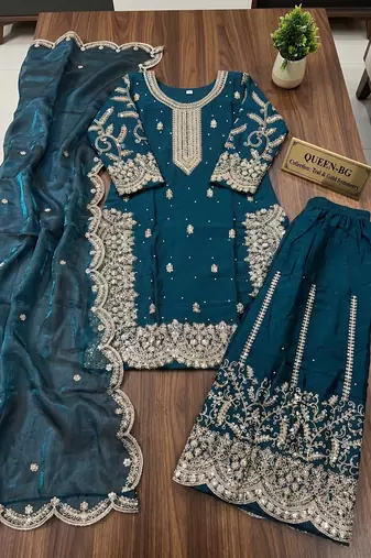 Teal blue fendy silk blend sequin embroidered suit set with dupatta