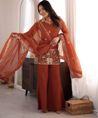Orange crunchy silk blend embroidered kurta set with bell bottom & dupatta 1