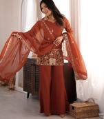 Orange crunchy silk blend embroidered kurta set with bell bottom & dupatta