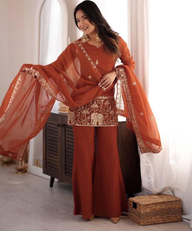 Orange crunchy silk blend embroidered kurta set with bell bottom & dupatta